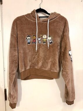 Peanuts Cropped Brown Plush Hoodie with embroidered graphic